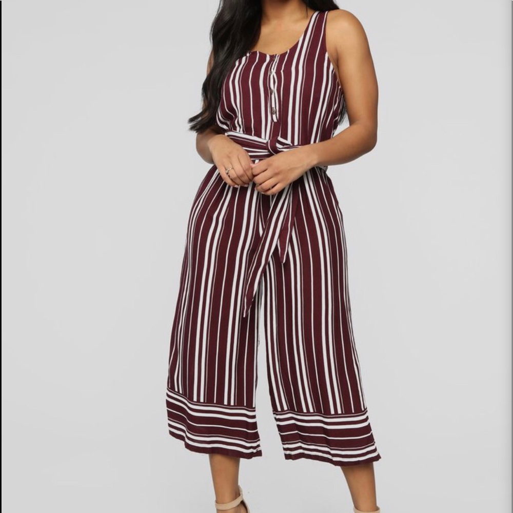 Burgundy & White Stripe Cropped Jumpsuit
